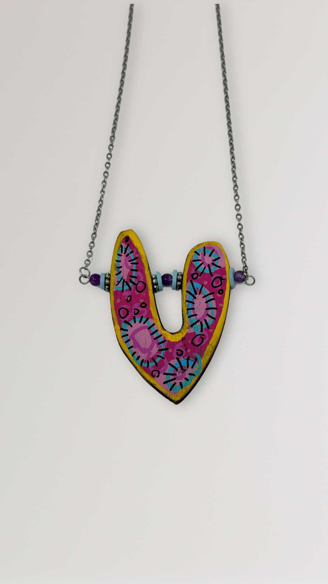 Painted Wood Heart Pendant Necklace