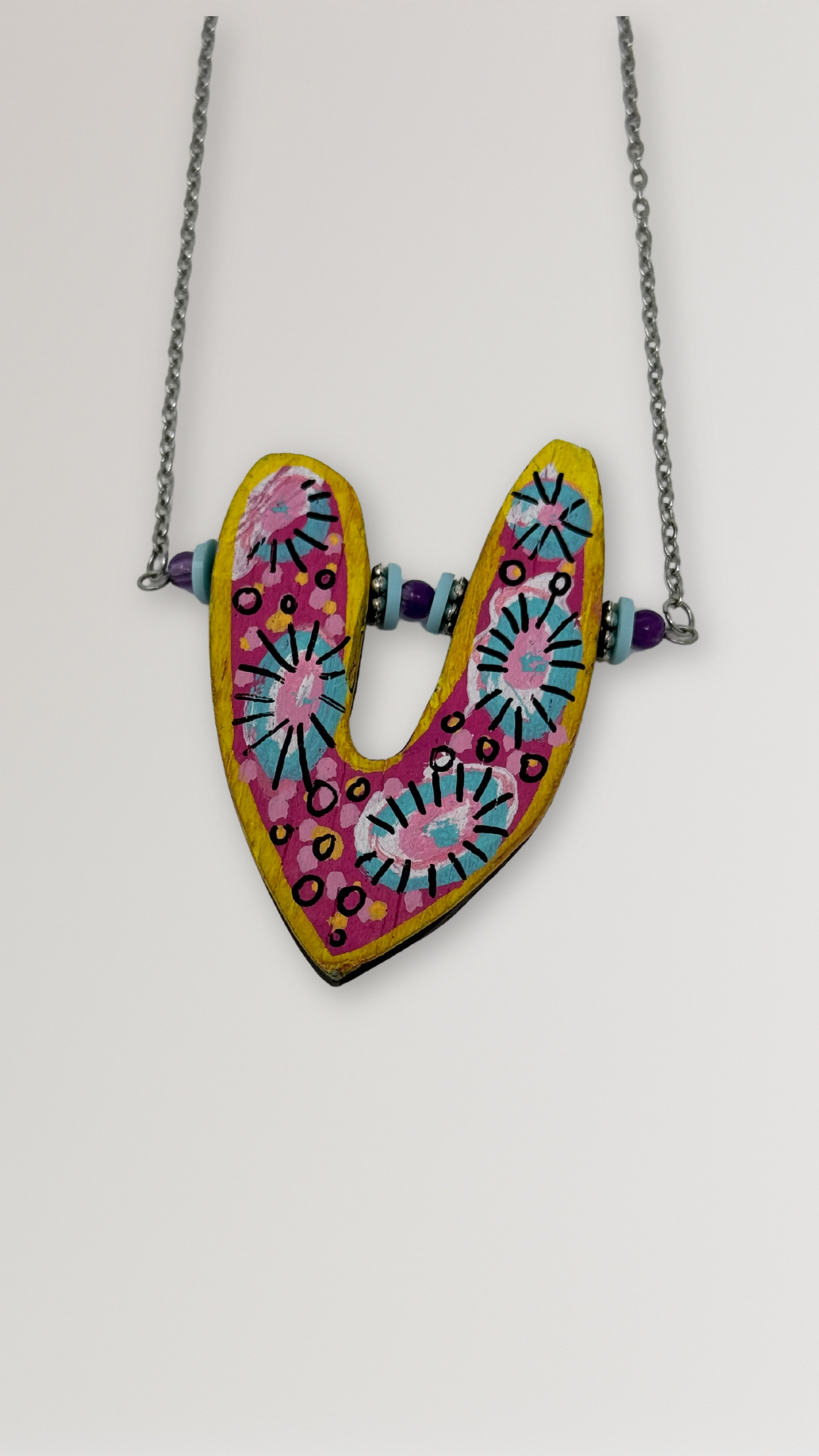 Painted Wood Heart Pendant Necklace