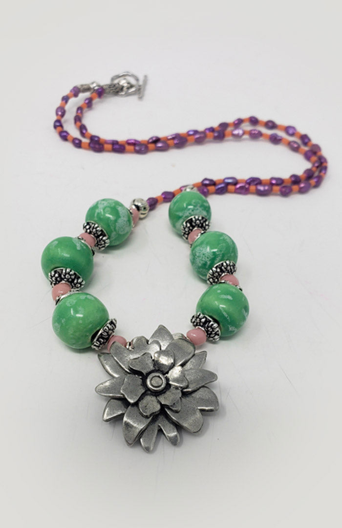 Beaded Necklace with Passion Flower Charm