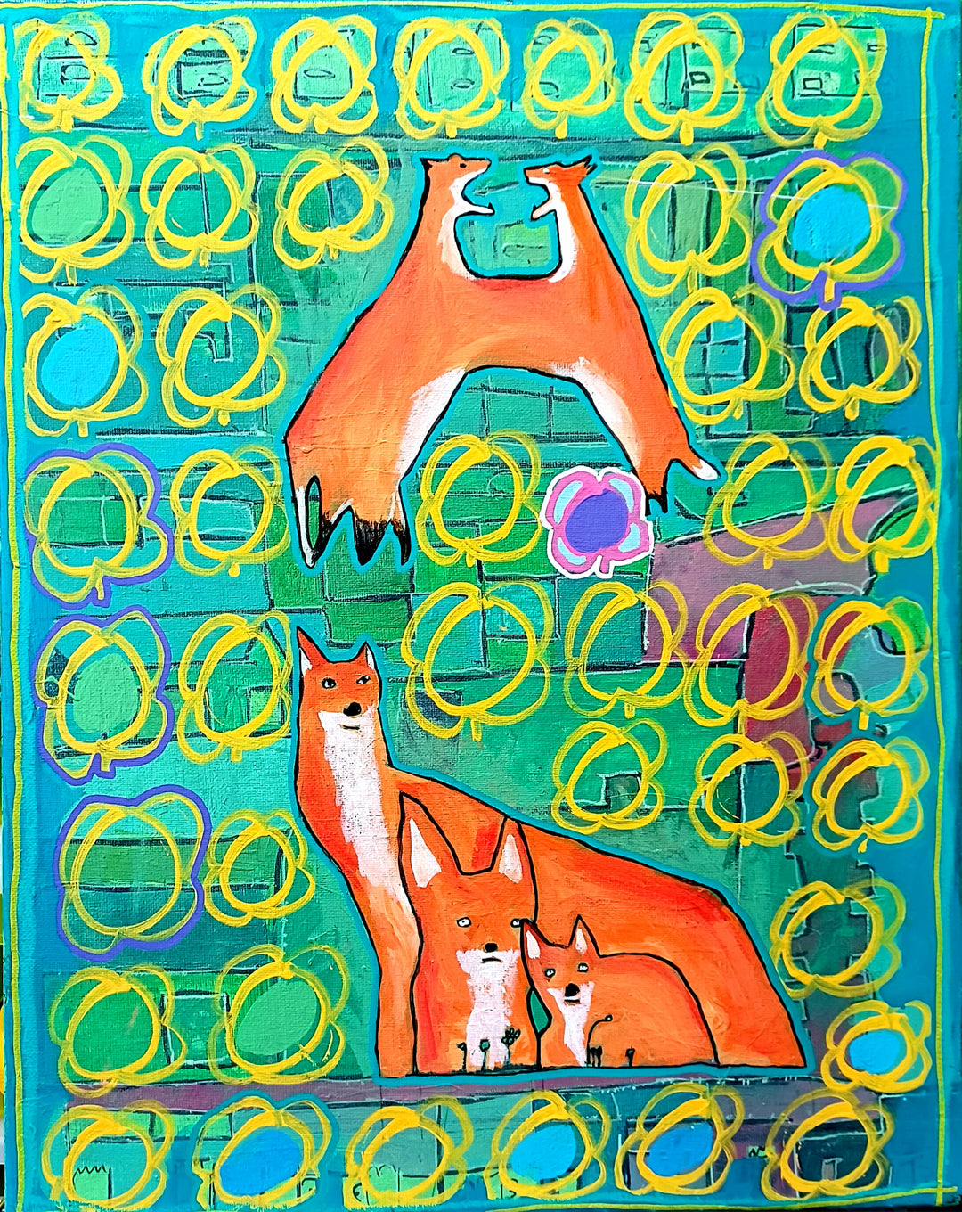 Five Foxes & One Pink Flower