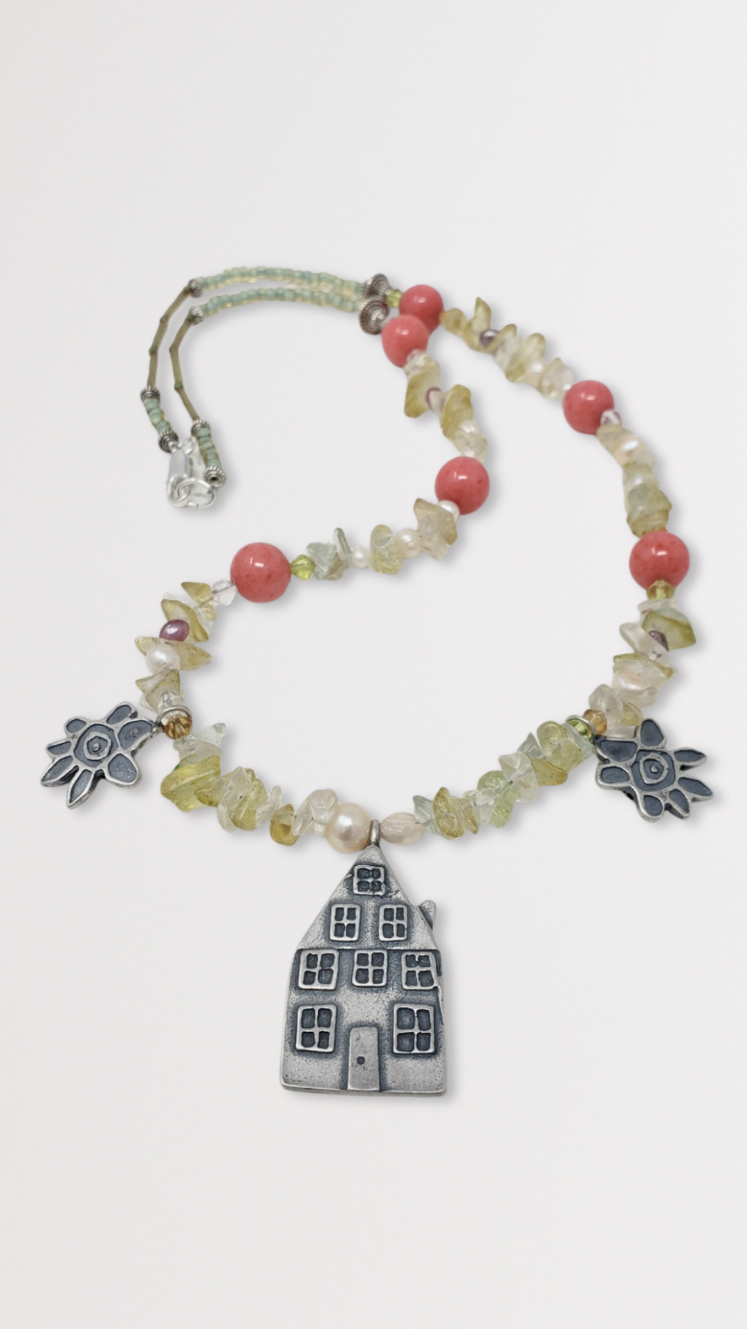 Beaded House and Flower Charm Necklace