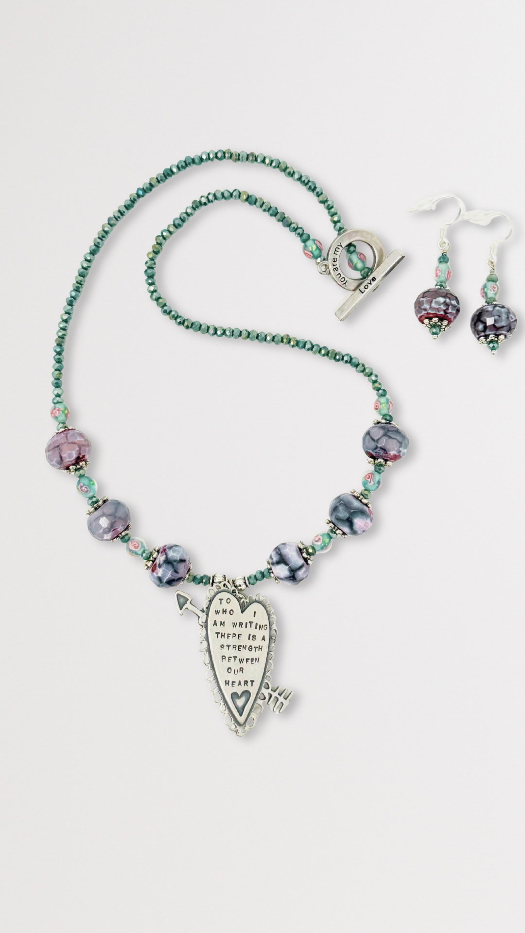 Beaded Necklace and Earring Set with Heart Pin Charm
