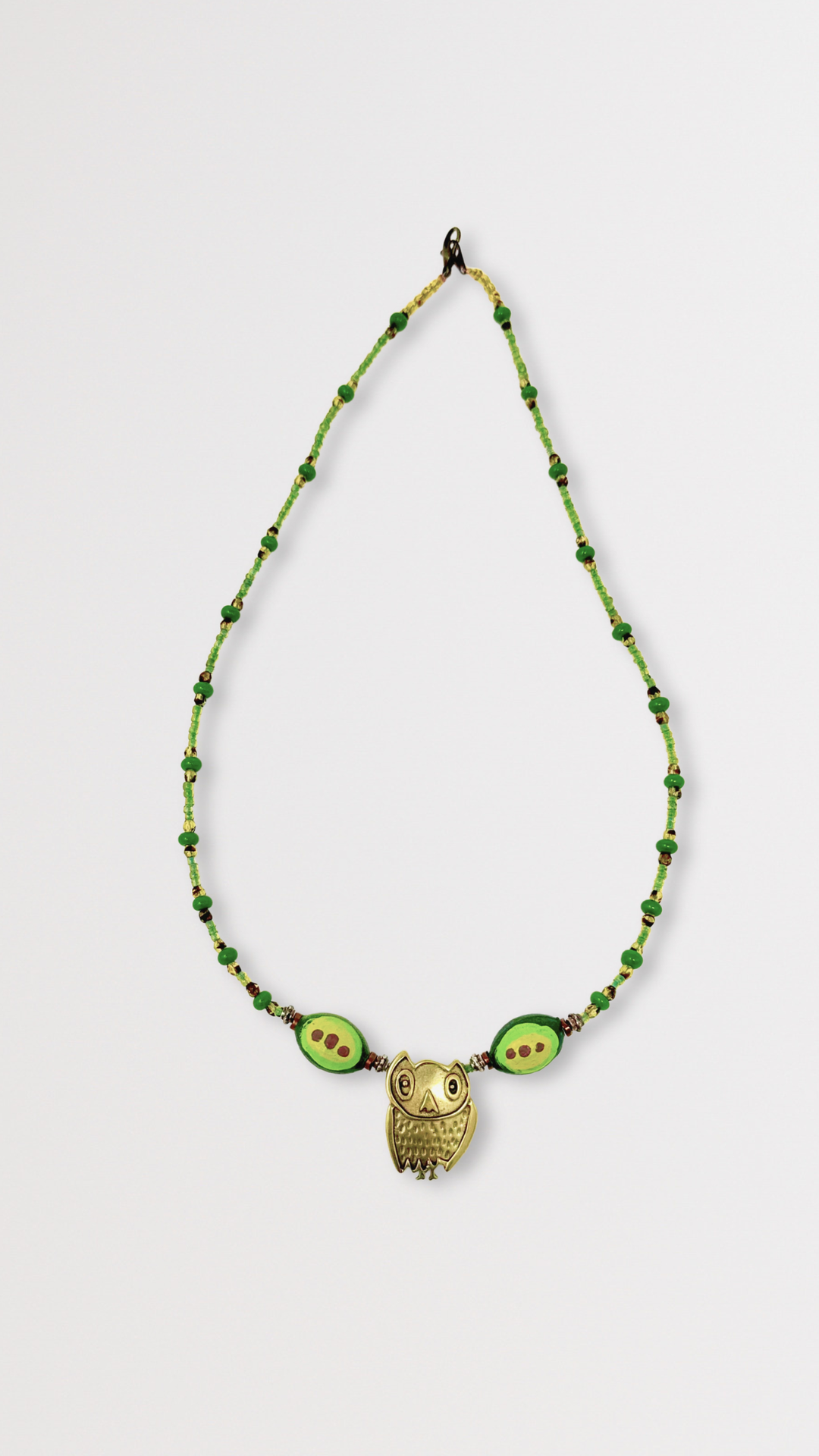 Beaded Bronze Owl Necklace with Pawpaw Beads
